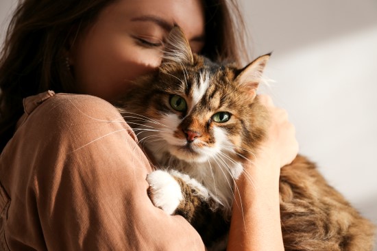Dame og katt som koser